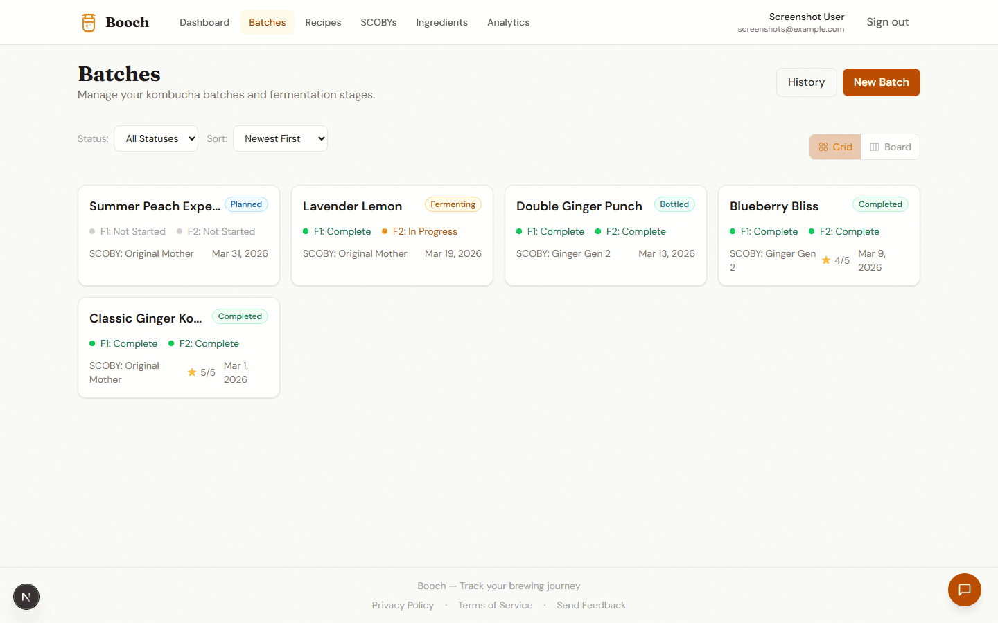 Screenshot of Booch batch management showing fermentation stages, pH readings, and batch timeline